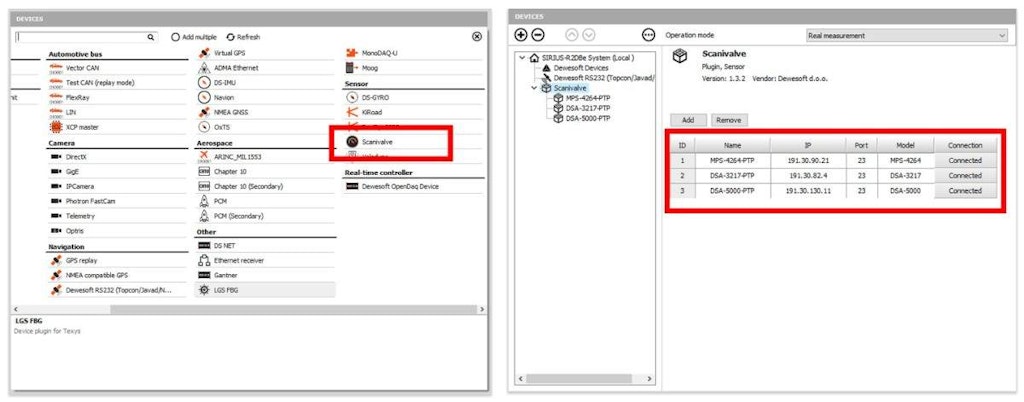 Left: Adding a device in project settings. Right: Project devices with Scanivalve devices added and configured