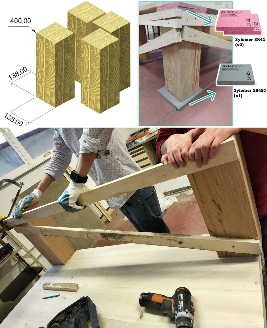 Manufacturing of the support structure, made up of supports, anti-vibration material, and wooden slats.