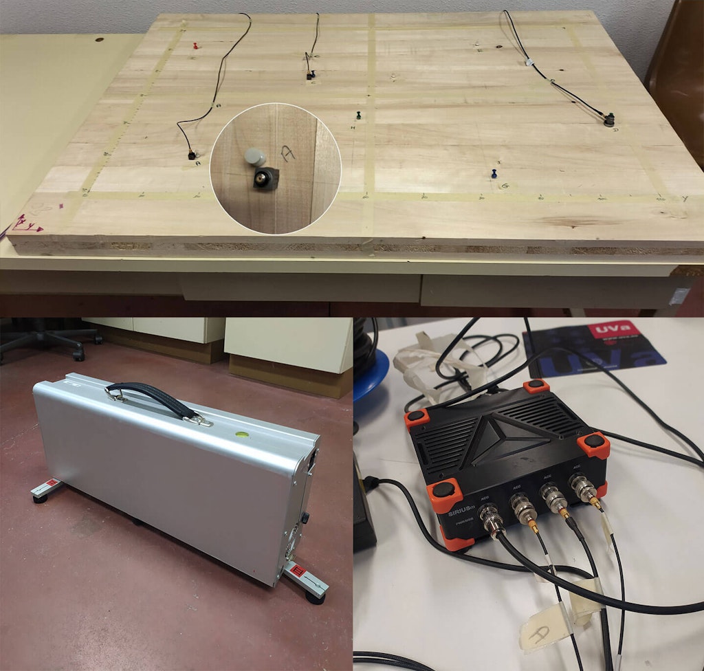 Measurement chain, consisting of accelerometers, an impact machine, and data acquisition equipment.