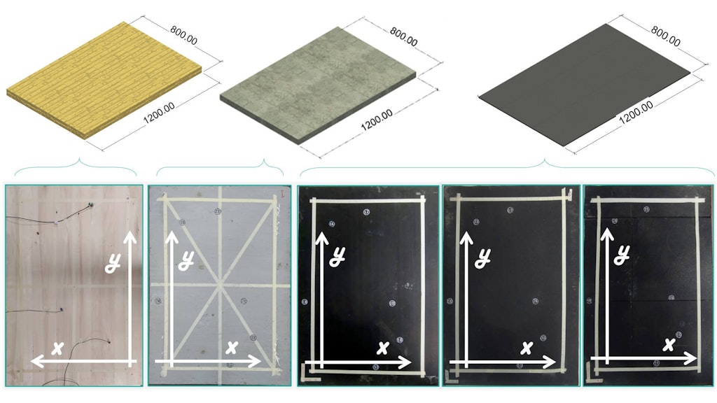 The elements that make up the mock-ups and samples include CLT board, concrete slab, and linings.