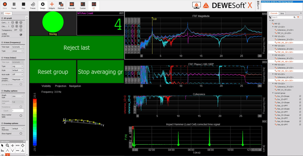 DewesoftX Modal Test Module displaying the main results after performing EMA