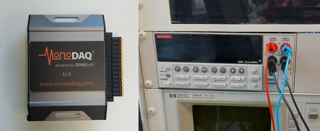The MonoDAQ U-X and the Keithley 2400.
