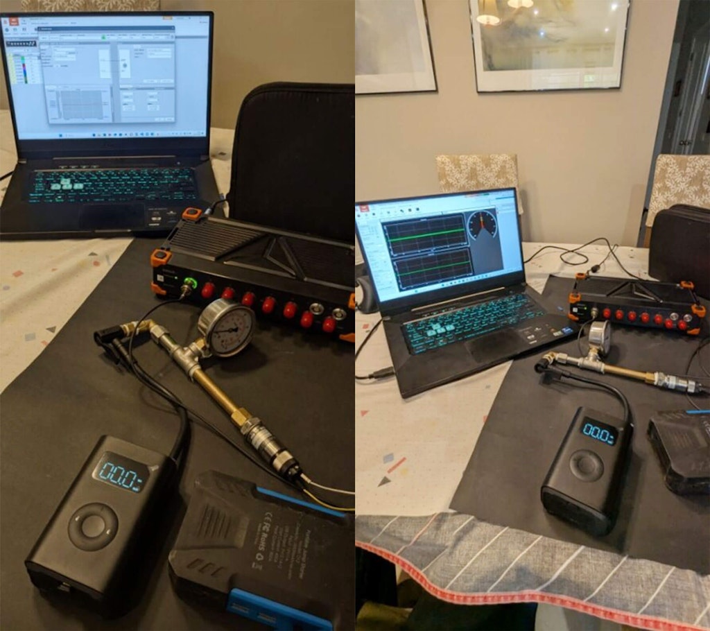 Calibration setup. Note the pressure sensor connects to a 12 V battery and the SIRIUSi module, which interfaces with the PC to display the pressure vs. time graph from the setup.