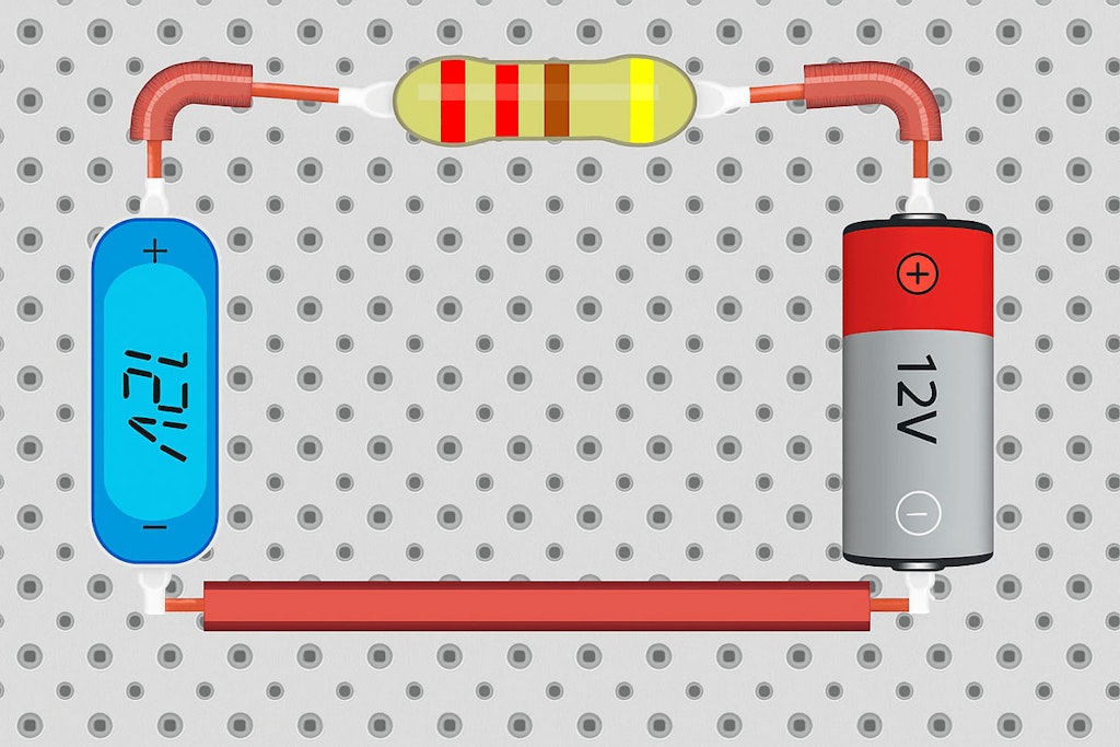 Schematic of the circuit. The blue device represents the pressure sensor, and the battery on the right serves as the portable power source, supplying 12 V. On one side of the resistor is a wire that carries the signal, and on the other side, a neutral wire is present.