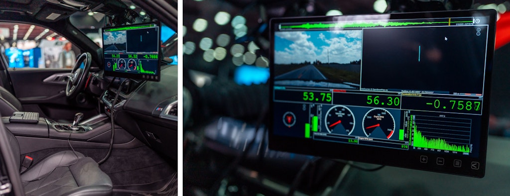 The cabin of the US Showcar with DS-DISP high-resolution touchscreen display, mounted via suction cups to the windshield.