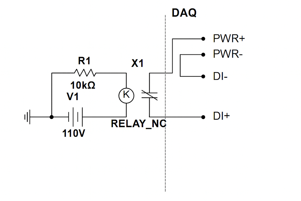 Schematic of the circuit with dry contact relays for connection to Dewesoft DI channels.