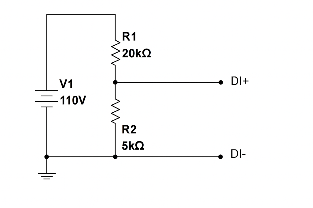 Schematic of a voltage divider for connection to Dewesoft DI channels.