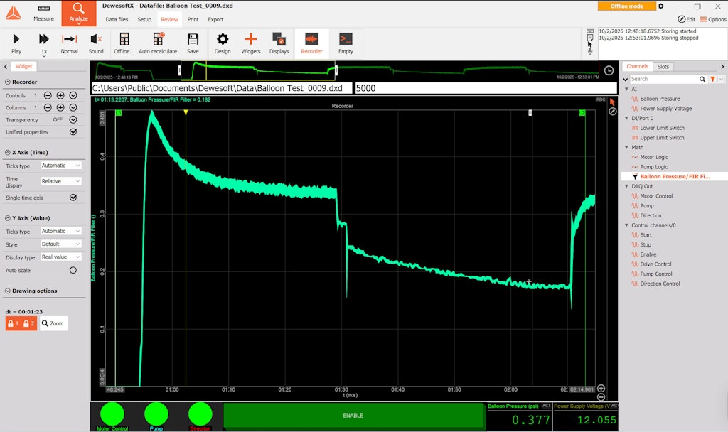 Balloon inflation test pressure vs. time using DewesoftX Sequencer Balloon inflation test pressure vs. time using DewesoftX Sequencer