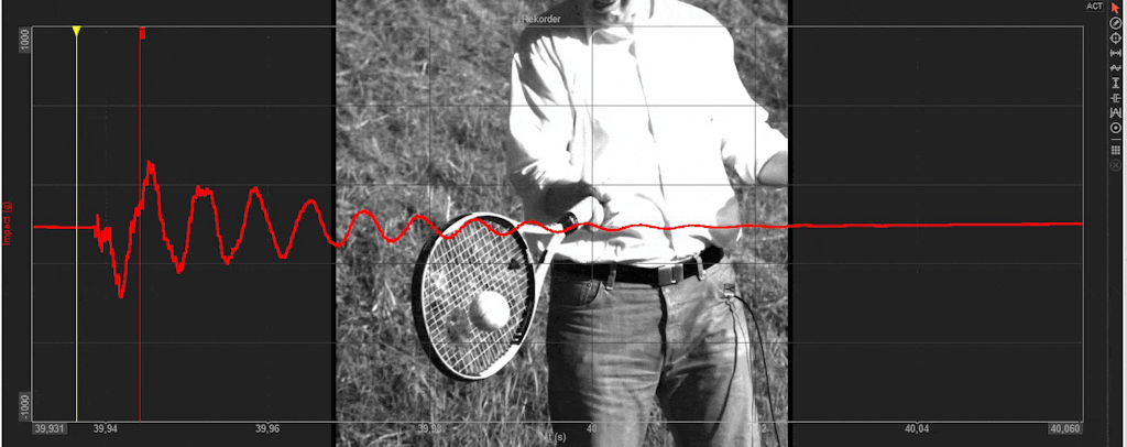 Example of racket deformation during impact (slow-motion visualization) (illustrative image, not from the measured rackets). Example of racket deformation during impact (slow-motion visualization) (illustrative image, not from the measured rackets).