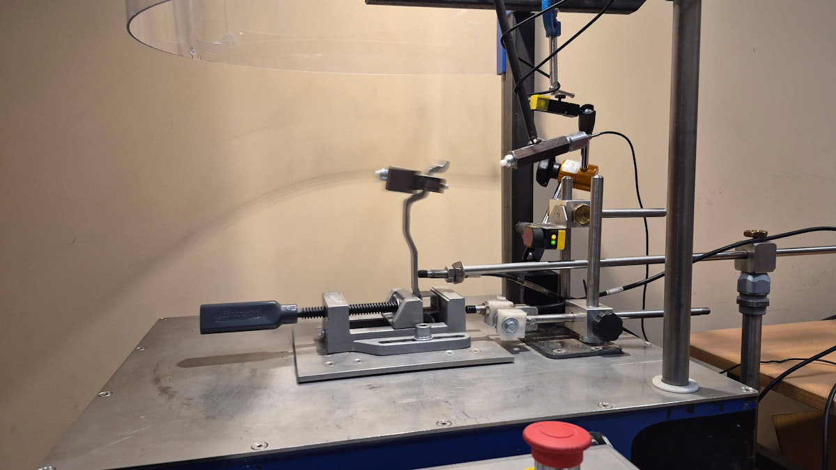 Fatigue loading process. Wheel-rim specimen subjected to cyclic inertial fatigue loading using the IFTS–DRMS test stand. The specimen remained mounted throughout the fatigue testing campaign, enabling periodic measurements of dynamic response under repeatable boundary conditions. The cyclic loading process is illustrated in the accompanying video.