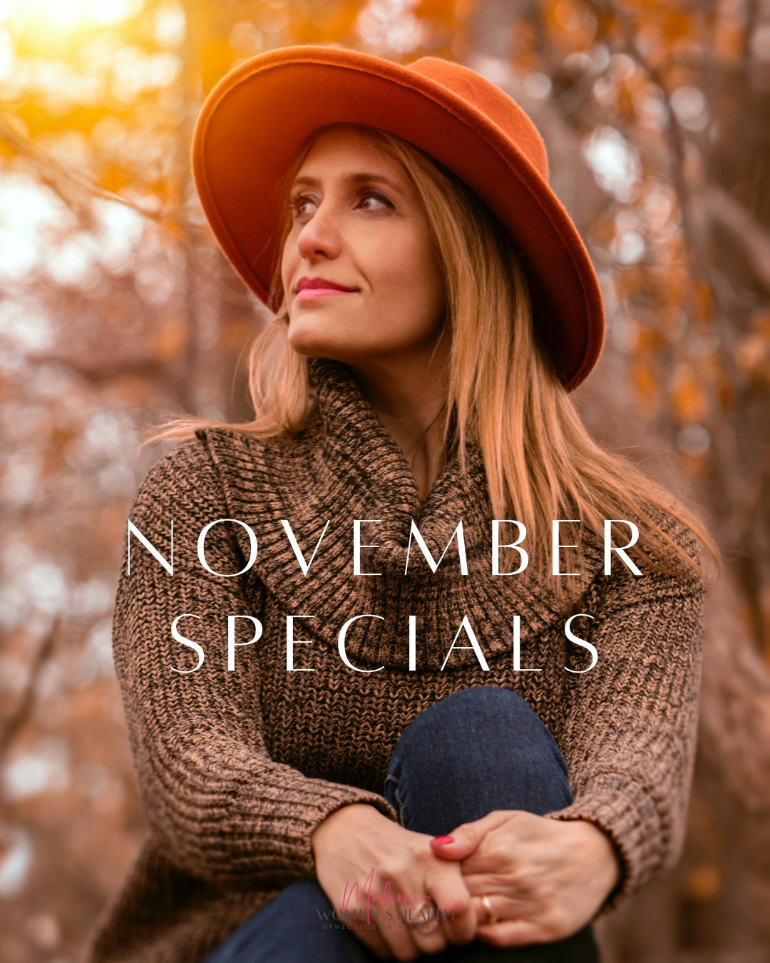 November Specials Banner with Woman in the Fall