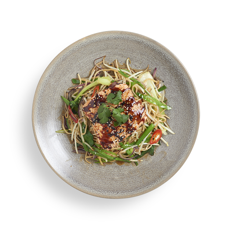 teriyaki salmon soba noodle dish with mixed vegetables, coriander and fresh chillies
