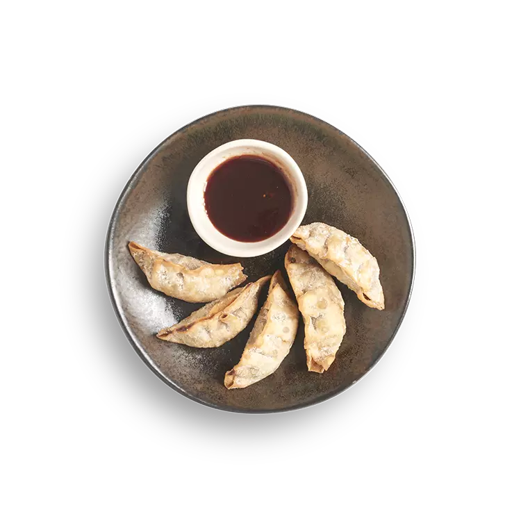 five fried duck gyoza served on a sides plate with a ramekin of dipping sauce