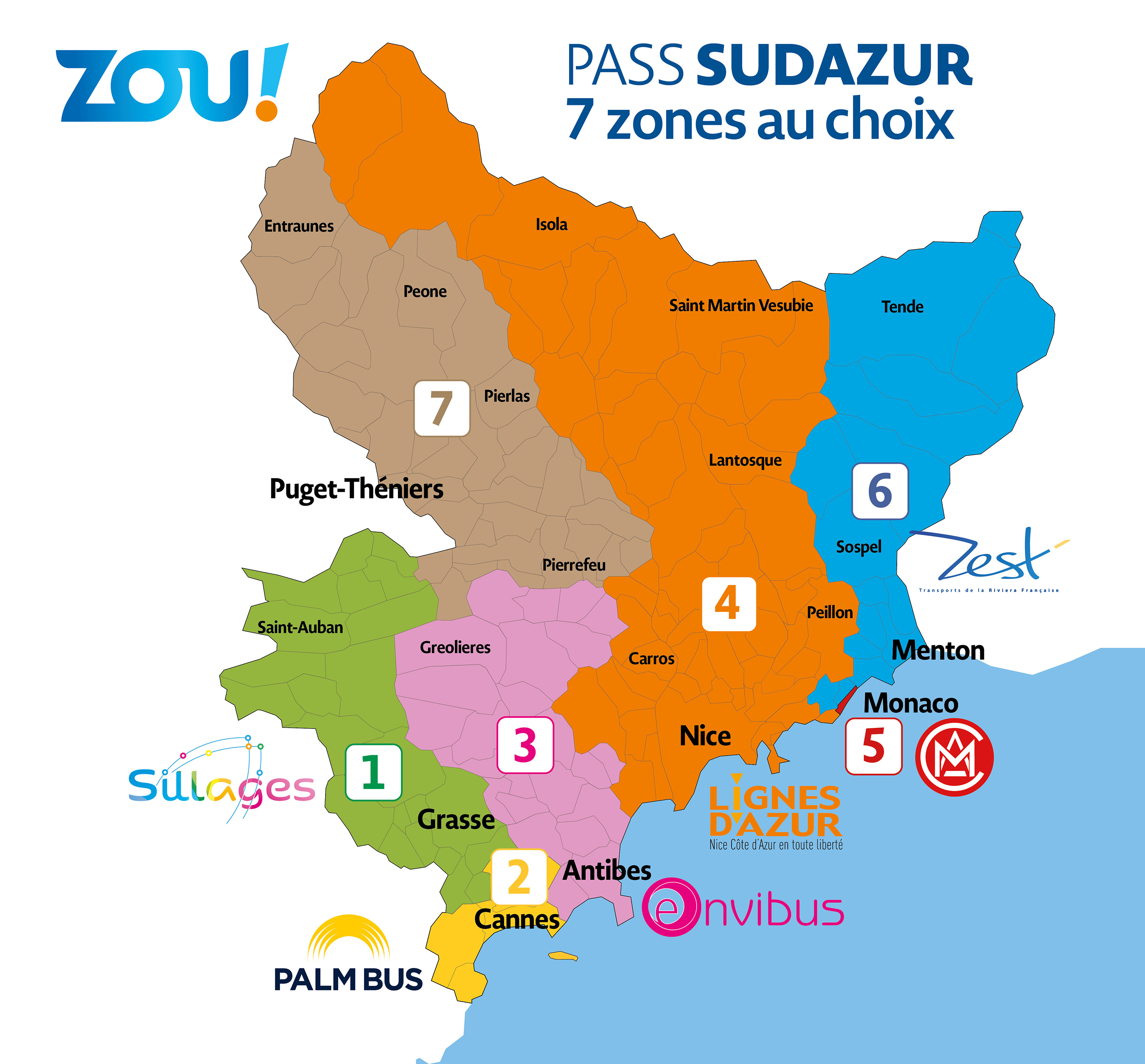 Plan des 7 zones du Pass Sud Azur