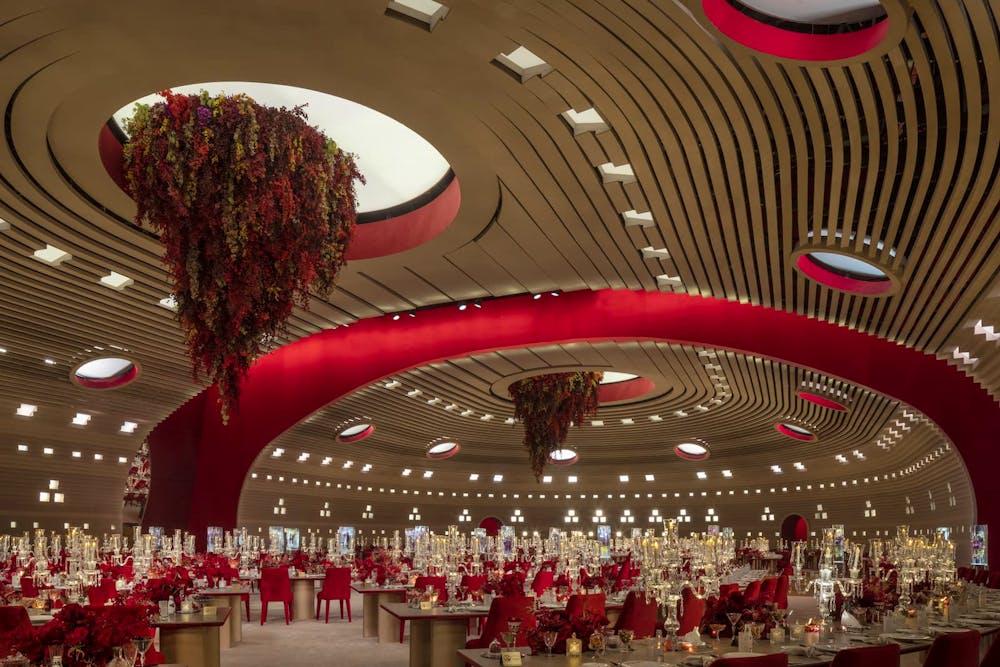 Dining area view of the waterfall ceiling flower installations