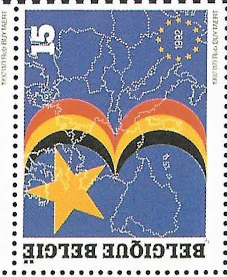 Postzegel; met als thema 'openstelling van de Europese markt', Rob Buytaert (1992)