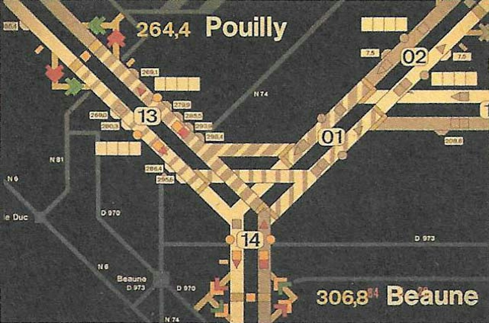 Société des Autoroutes Paris-Rhin-Rhône. Controlepost Beaune. Inrichting van de controlezaal, van de stuurpost, van de centrale bewakingspost. Concept van het synoptisch bord, 1983-85.