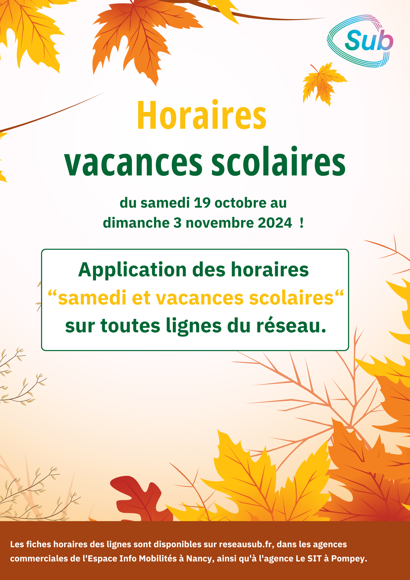HORAIRES VACANCES TOUSSAINT SUB