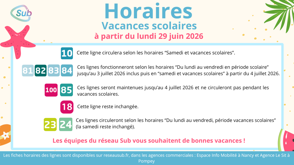 Horaires vacances scolaires 29 juin 2026