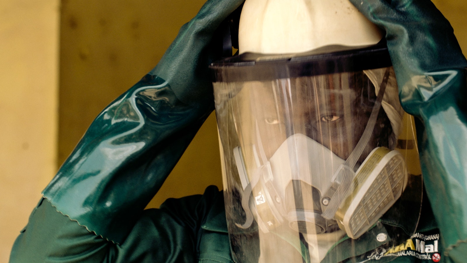 A person wearing a green protective suit and a breathing mask puts on a protective visor,  ready to spray insecticide.