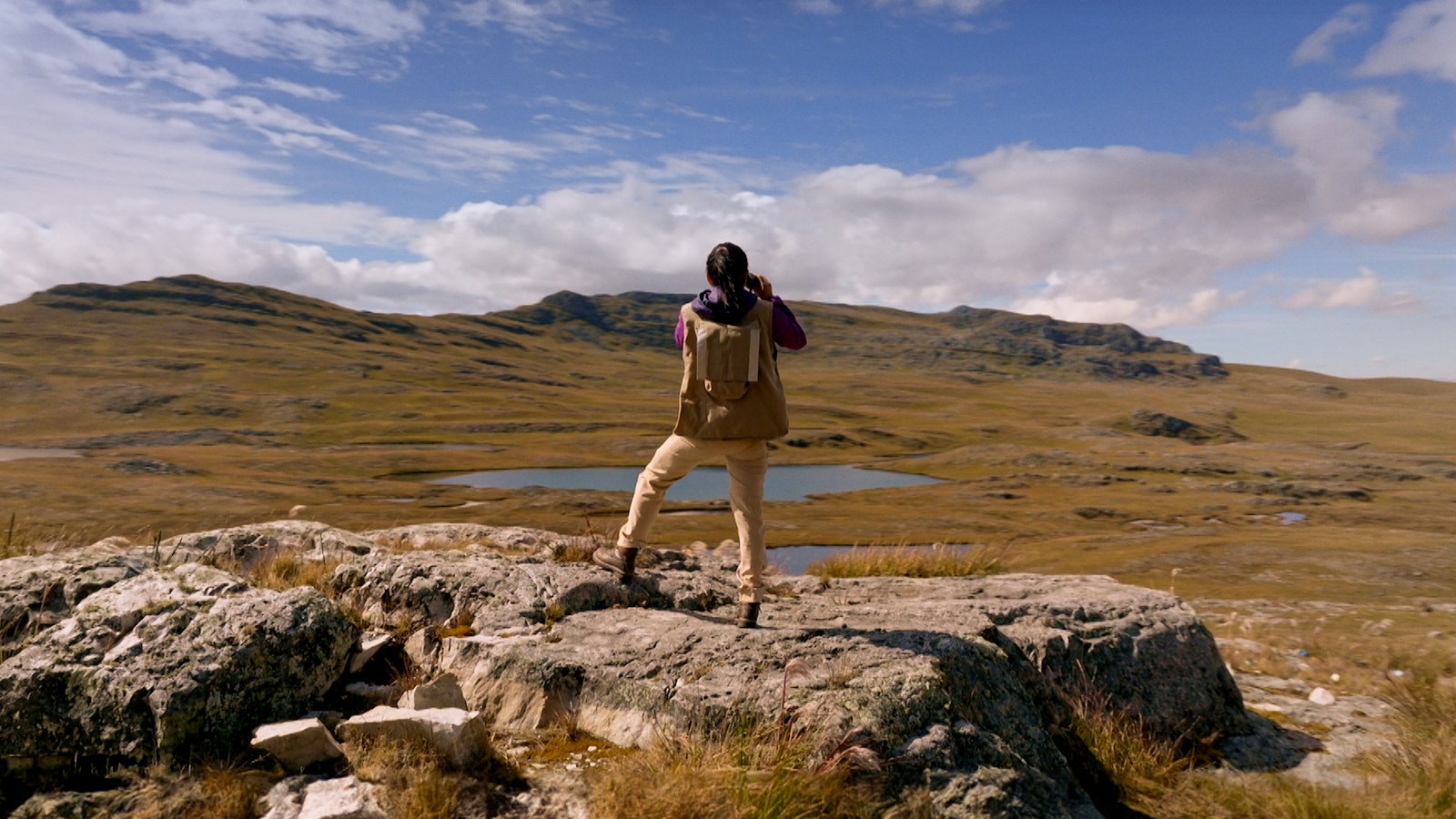 A woman stands on a rock with her back to the camera amidst the brown-green grass of the Andes mountain range.