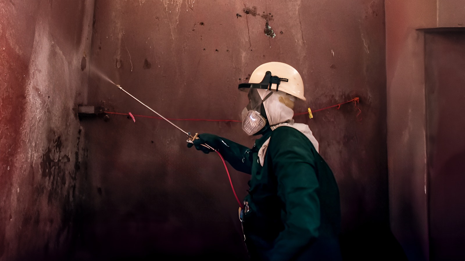 A professional sprayer wearing a green jumpsuit and protective gear sprays walls with insecticide with a long orange hose.