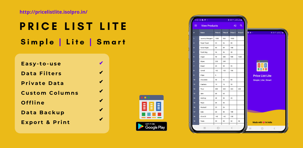 Price List Lite Google Play header