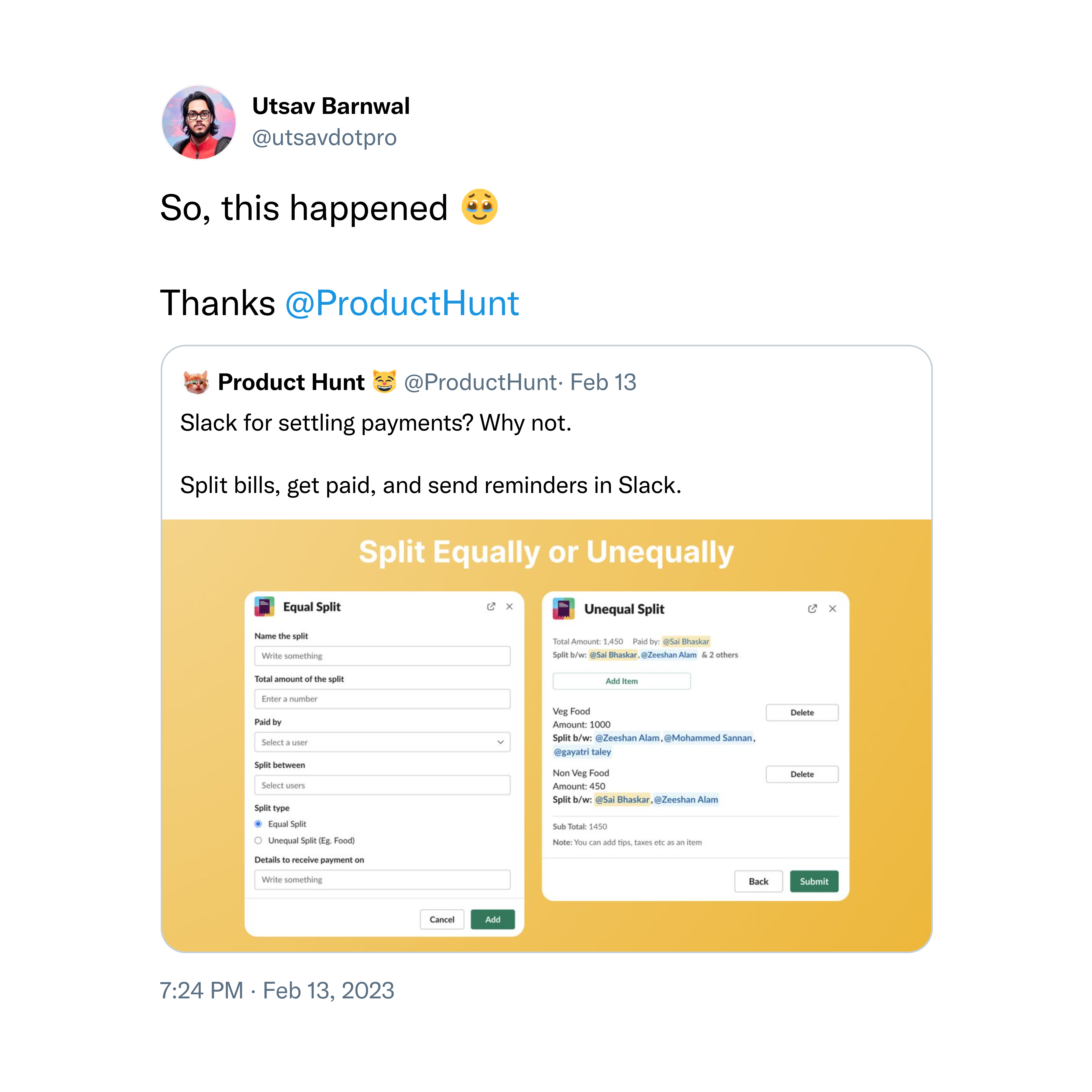BillSplit Product Hunt tweet