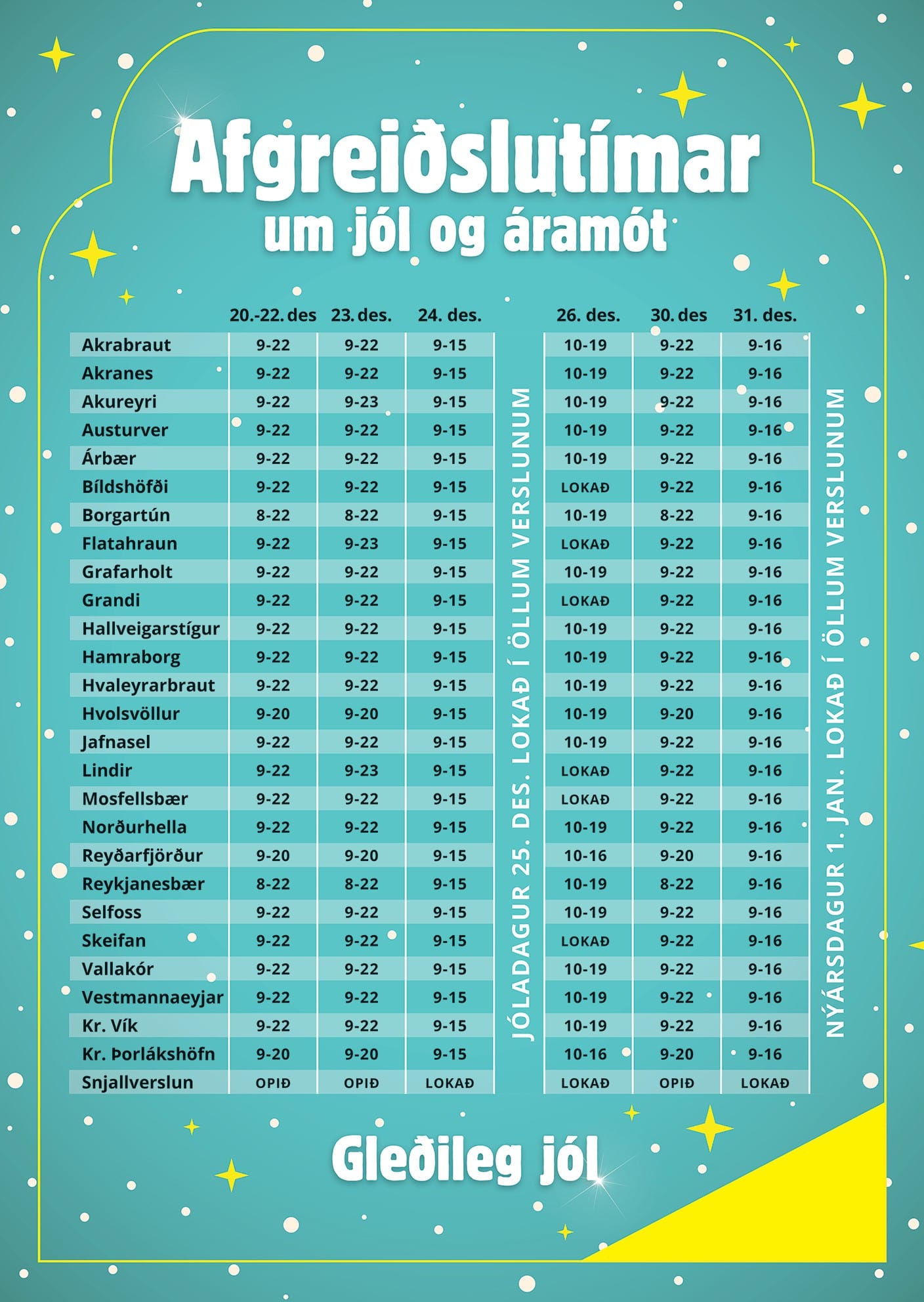Afgreiðslutímar jól og áramót 2022
