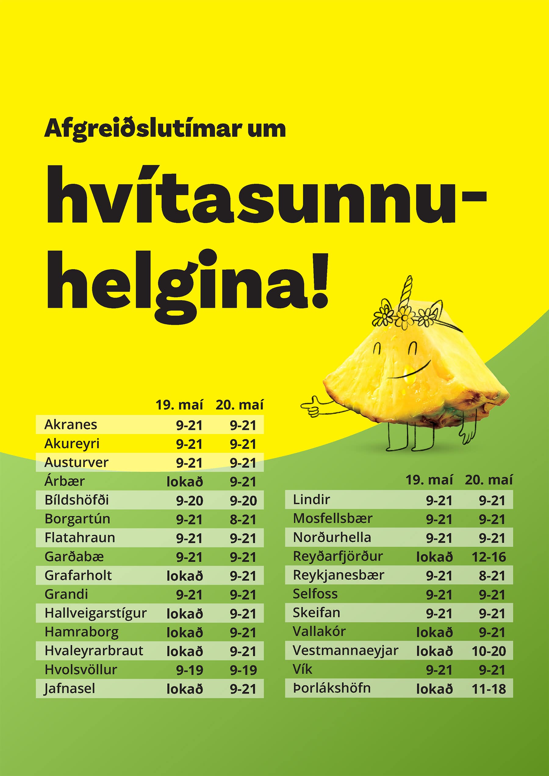 Afgreiðslutímar hvítasunna 2024