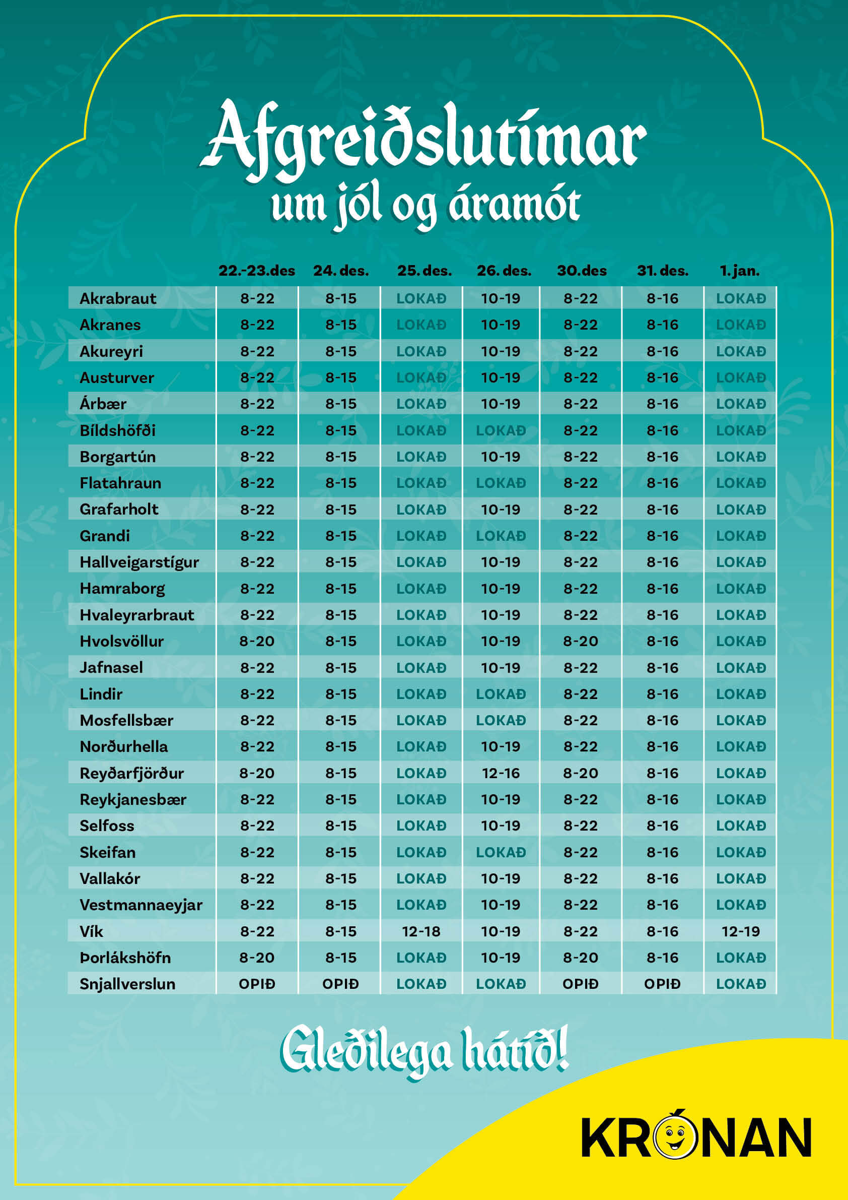 Afgreiðslutímar um jól og áramót 2025