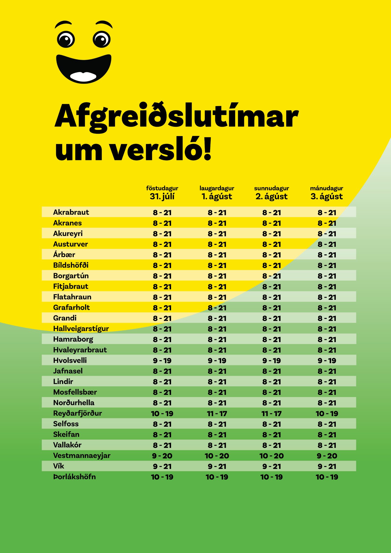 Afgreiðslutímar Verslunarmannahelgi 2026