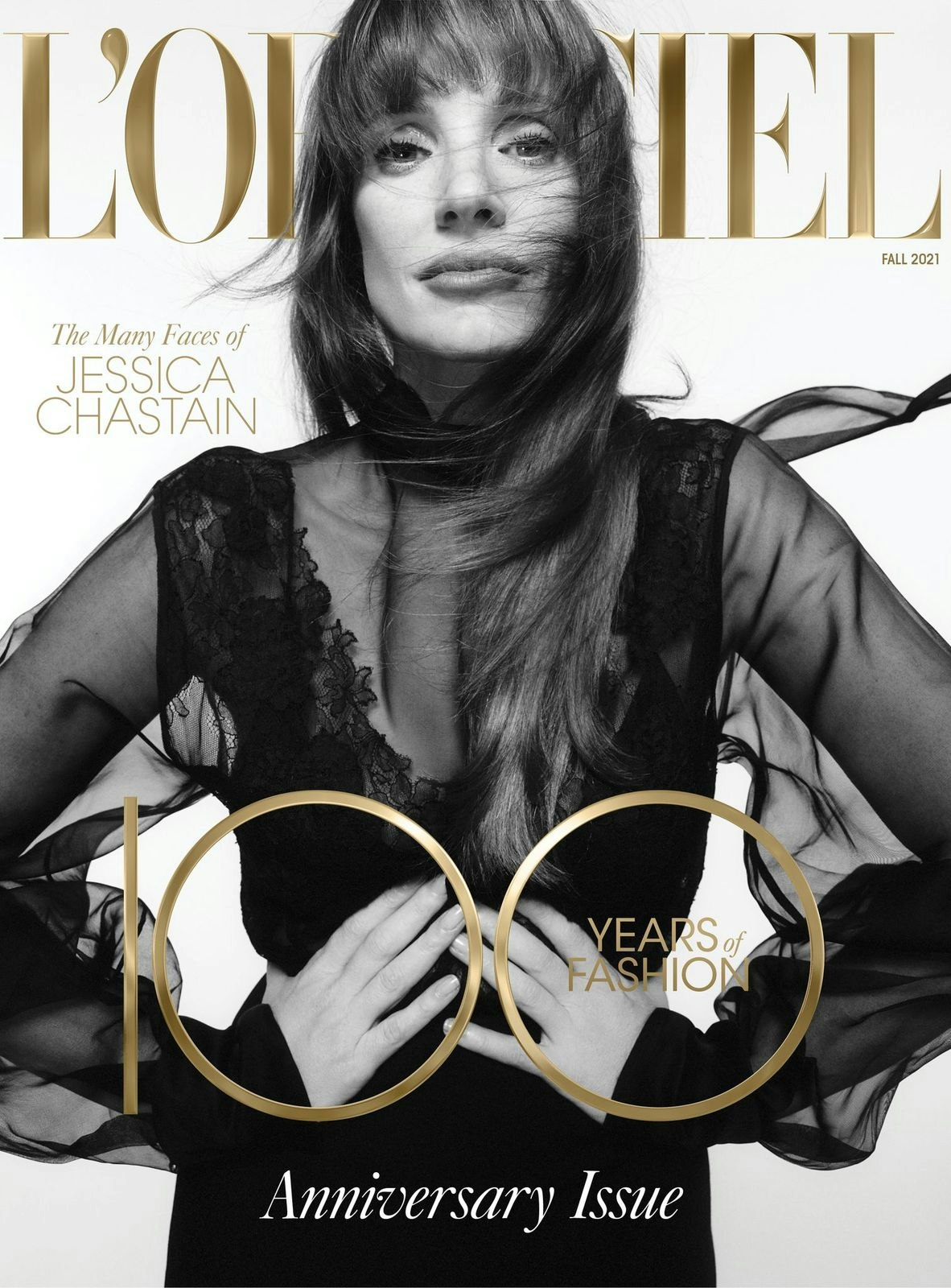 Jessica Chastain en couverture du numéro anniversaire de L'OFFICIEL