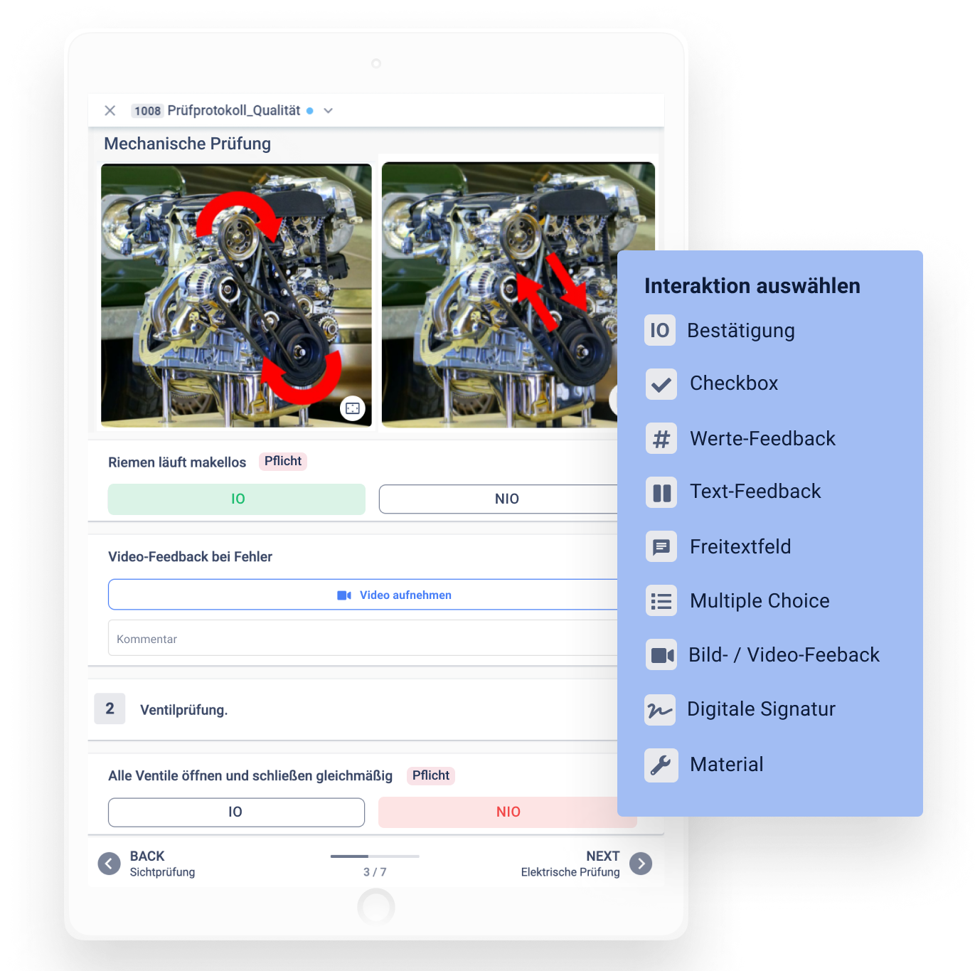 Checkliste 4.0 für die mechanische Prüfung mit Interaktionsauswahl