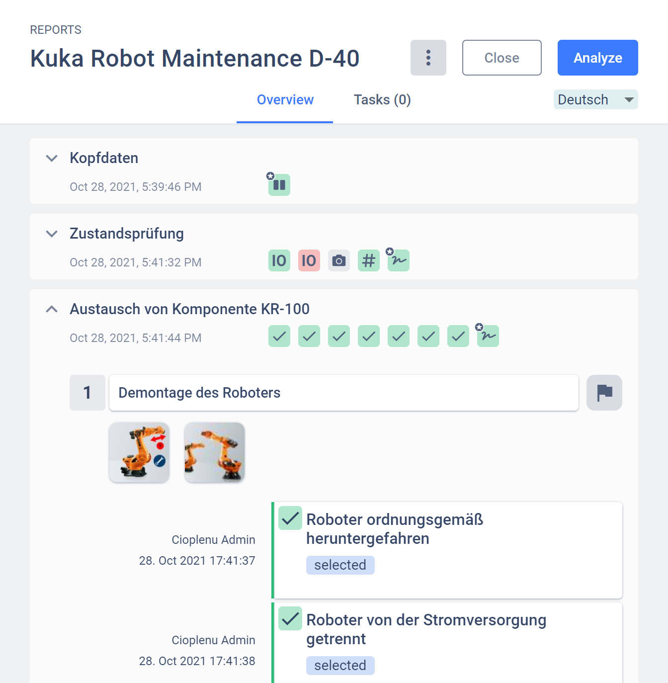 Nachweis einer Wartungstätigkeit bei einem Kuka Roboter