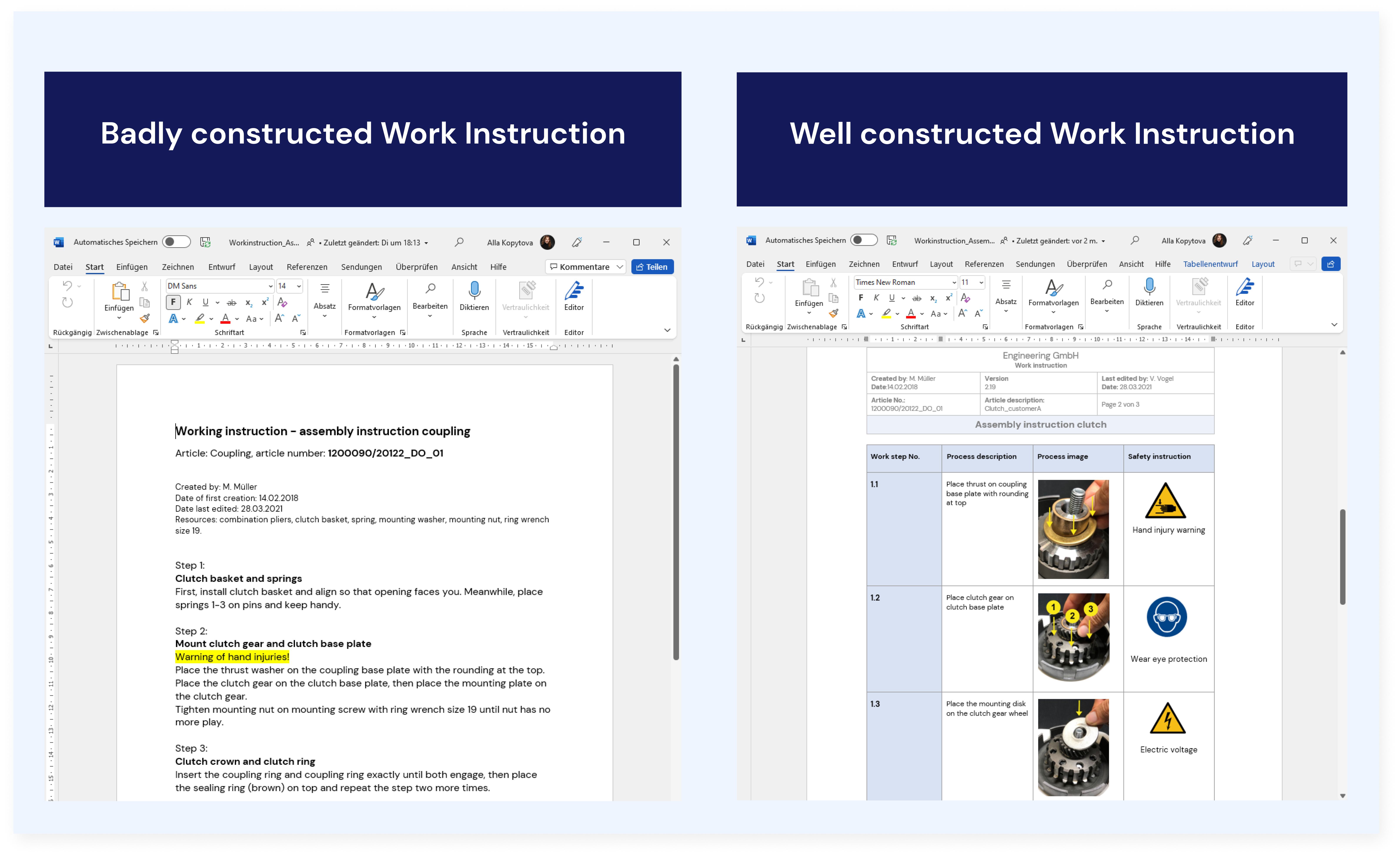 badly and well constructed work instructions comparison