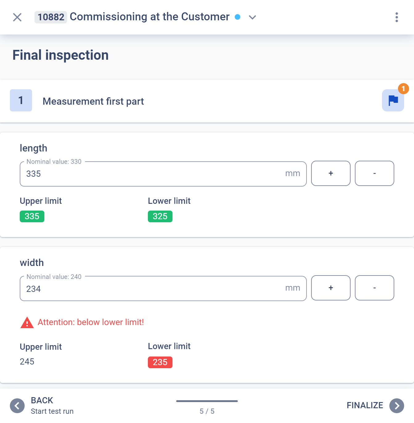 Enter measurement data for commissioning in software