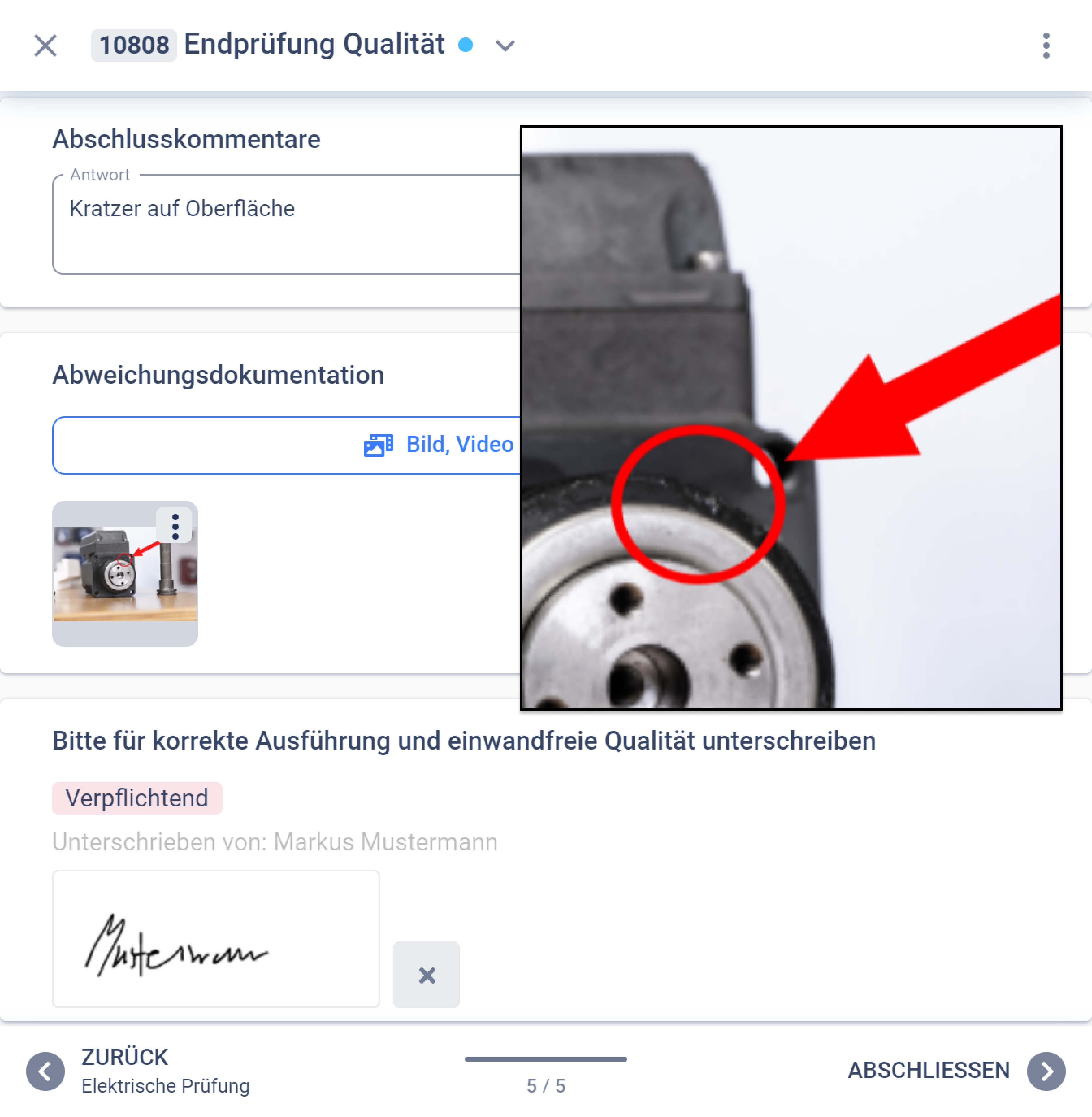 Durch Fotofunktion können Qualitätsmängel protokolliert werden