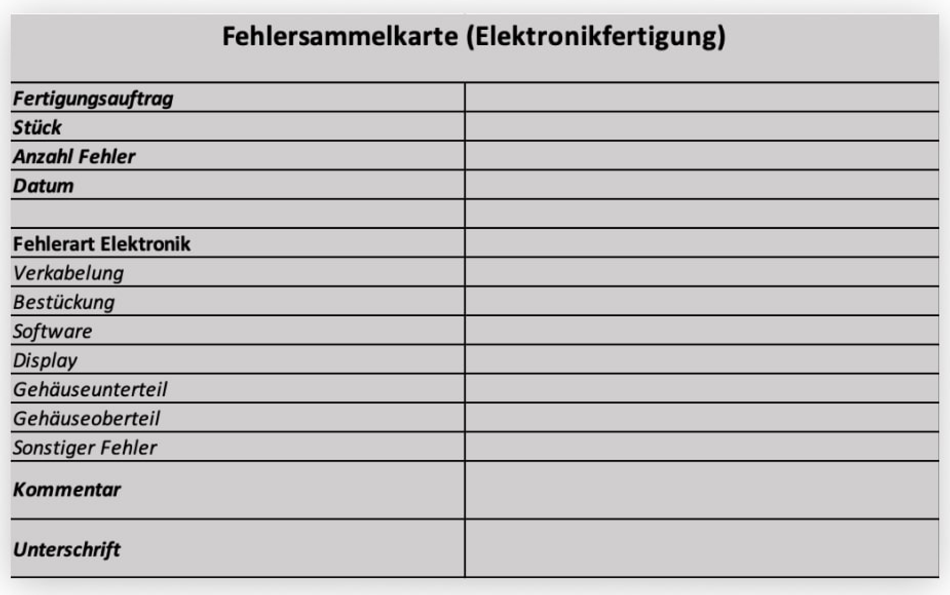 Beispiel einer Fehlersammelkarte in Excel