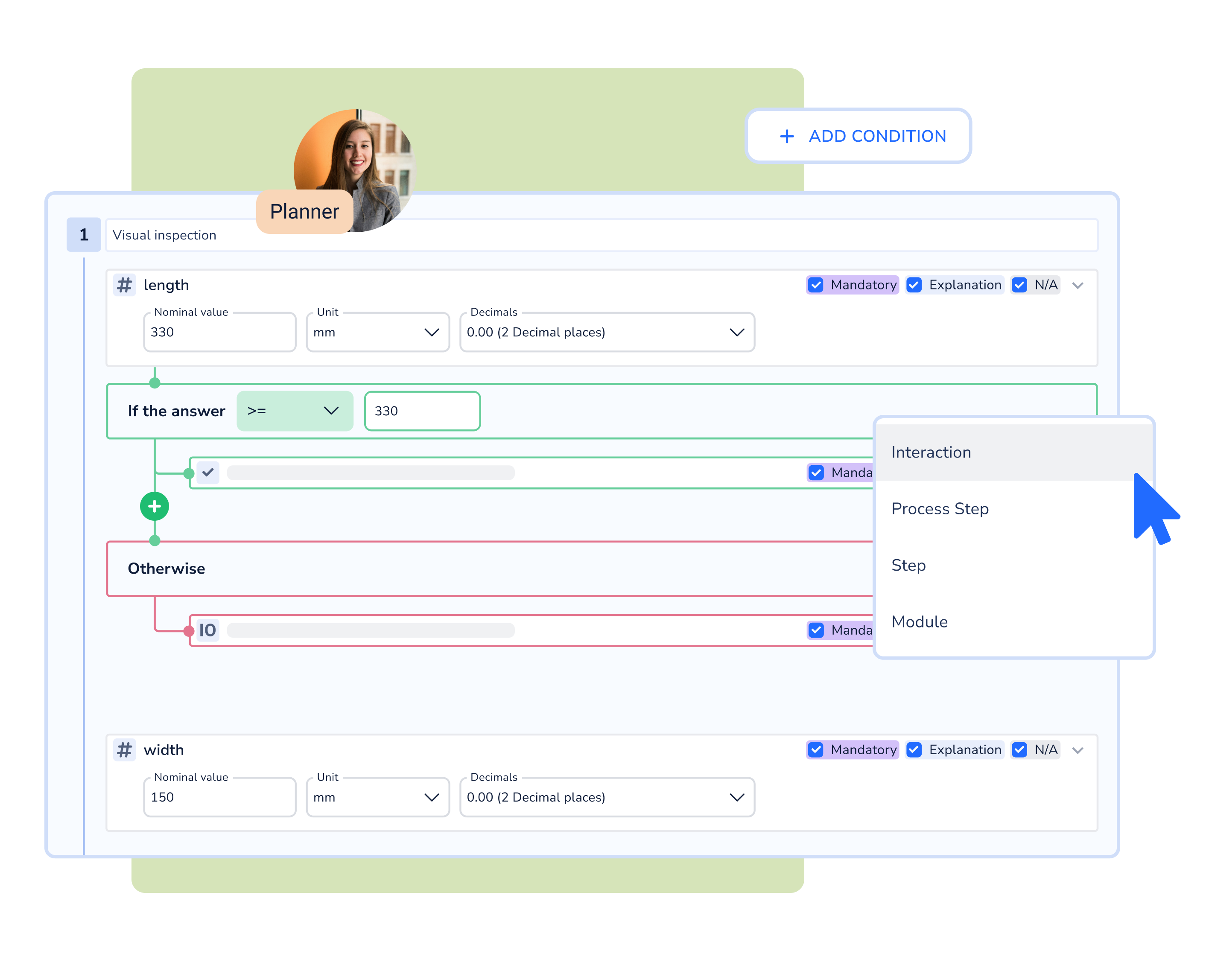 Define conditions for work steps