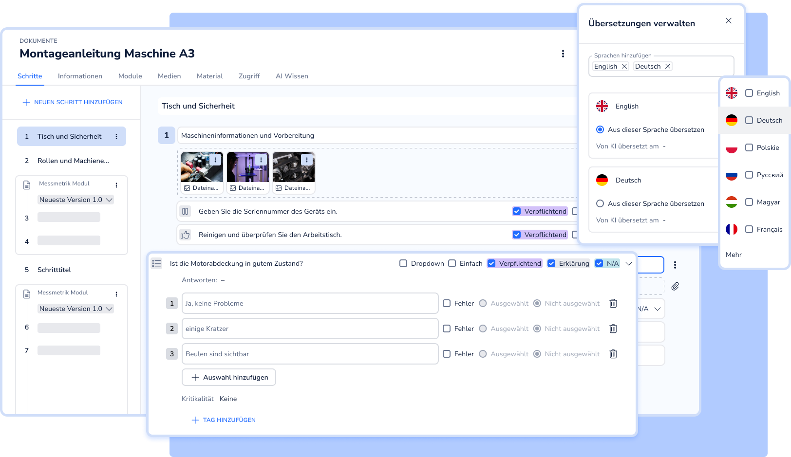 Screenshot des Operations1-Dokumenten-Editors zur Bearbeitung einer Maschinen-Montageanleitung mit Pflichtfeldern, Auswahlfragen und seitlich eingeblendetem Übersetzungsdialog.