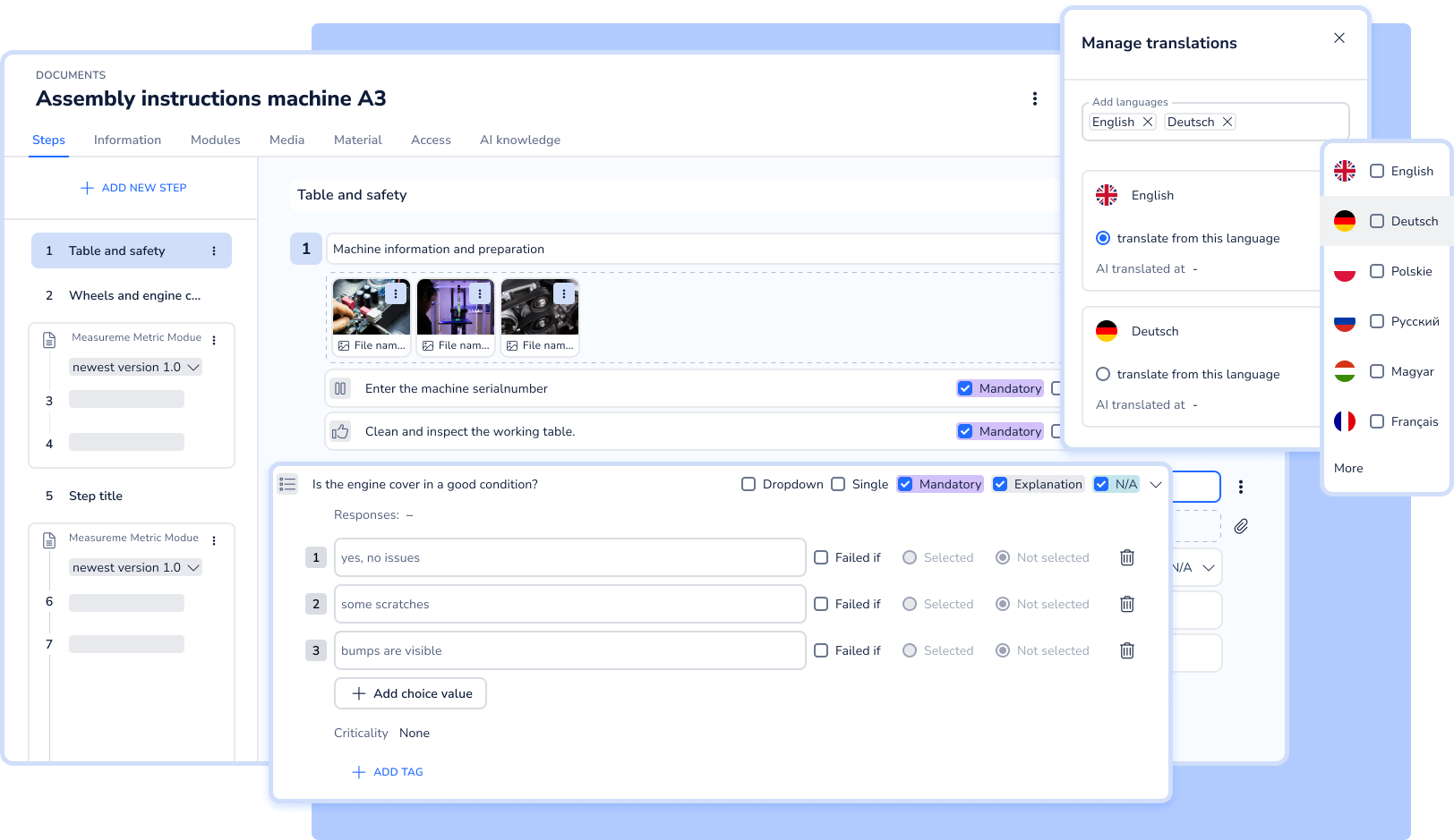 Screenshot of the Operations1 document editor used to edit a machine assembly instruction, featuring mandatory fields, selection questions, and a translation dialog displayed on the side.