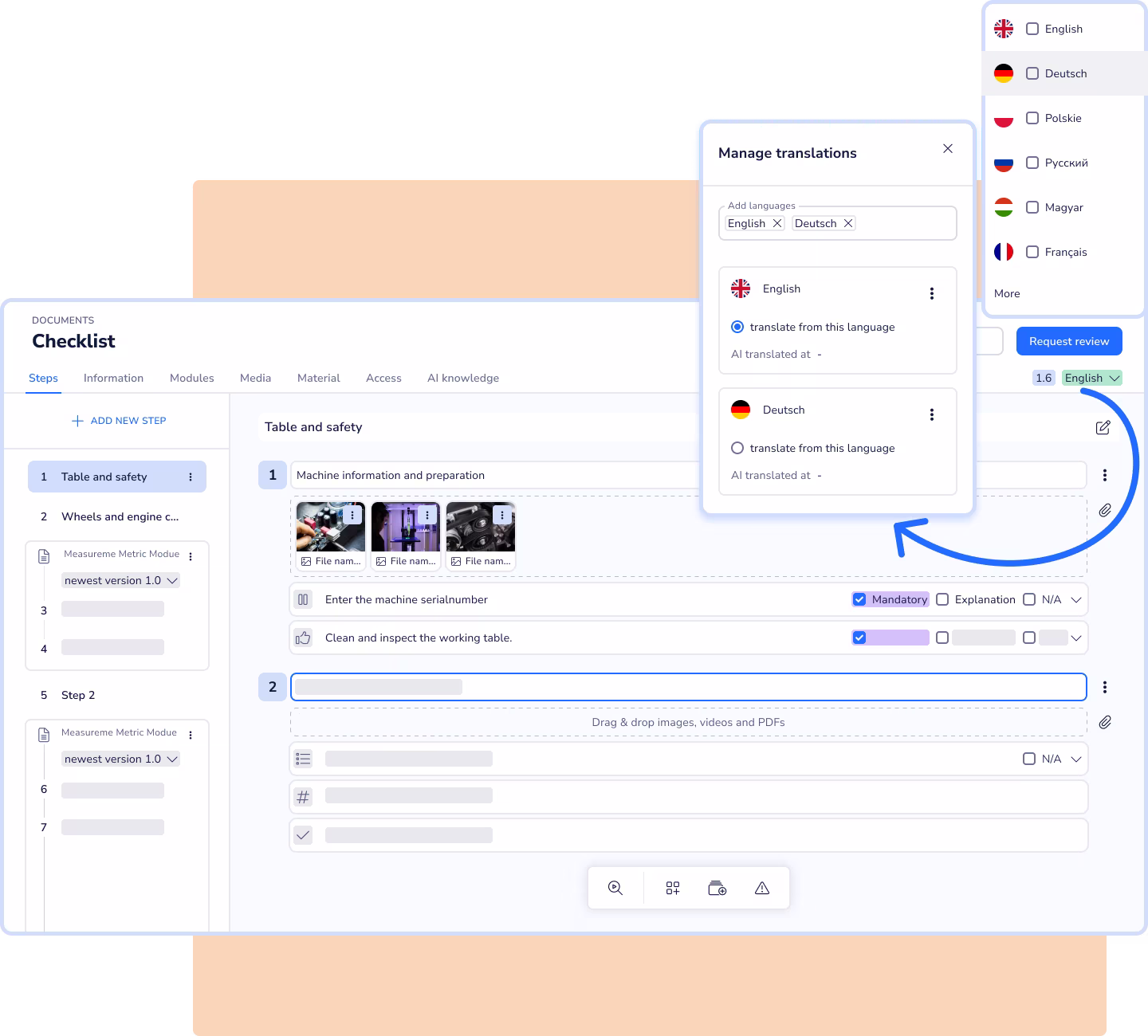 Software interface focused on multilingual checklist management, highlighting the translation settings dialog and language selection options.