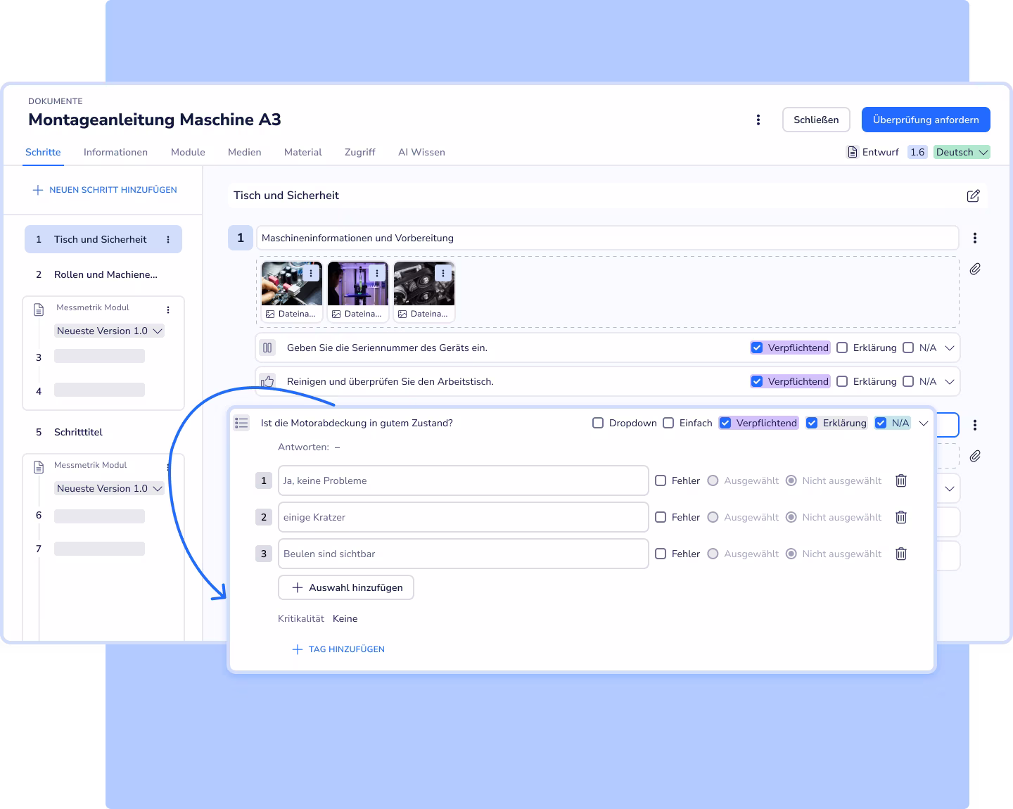 Benutzeroberfläche einer Dokumentationssoftware mit dem Titel „Montageanleitung Maschine A3“ und geöffnetem Schritt „Tisch und Sicherheit“.