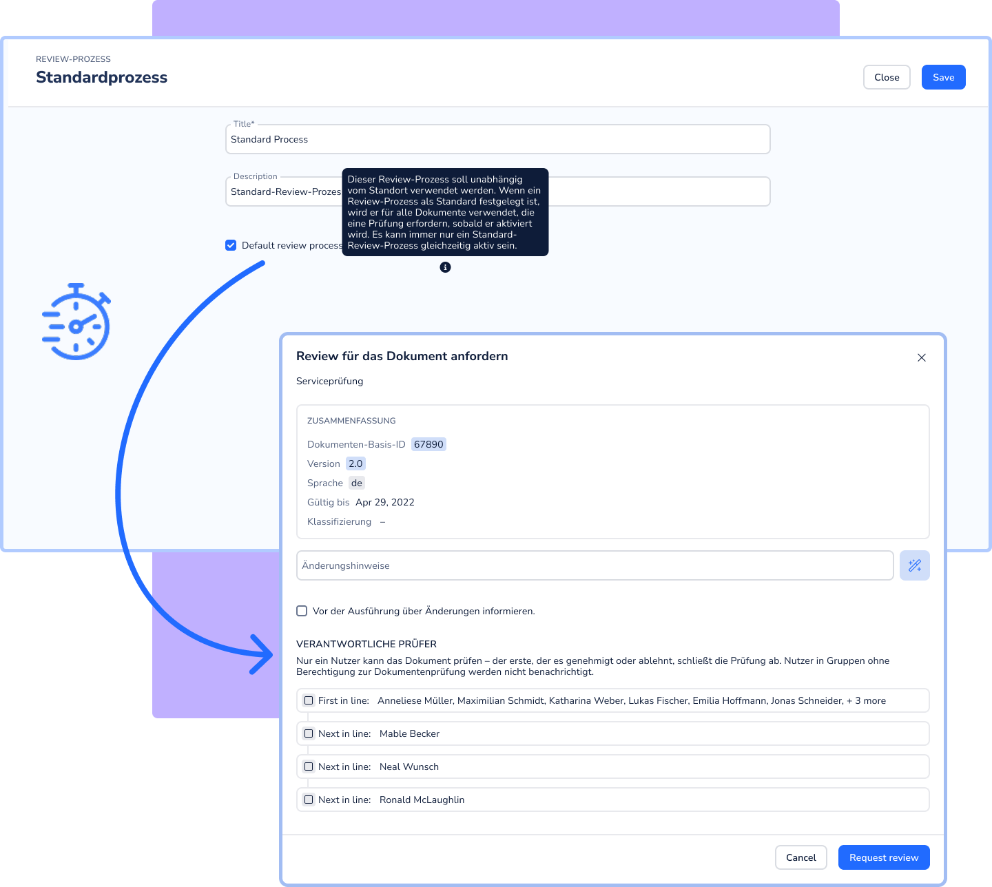Konfigurationsformular für einen Standard-Review-Prozess mit aktiviertem Kontrollkästchen „Default review process" und eingeblendetem Tooltip sowie Anfrage-Dialog mit Prüfer-Reihenfolge (First in line, Next in line).