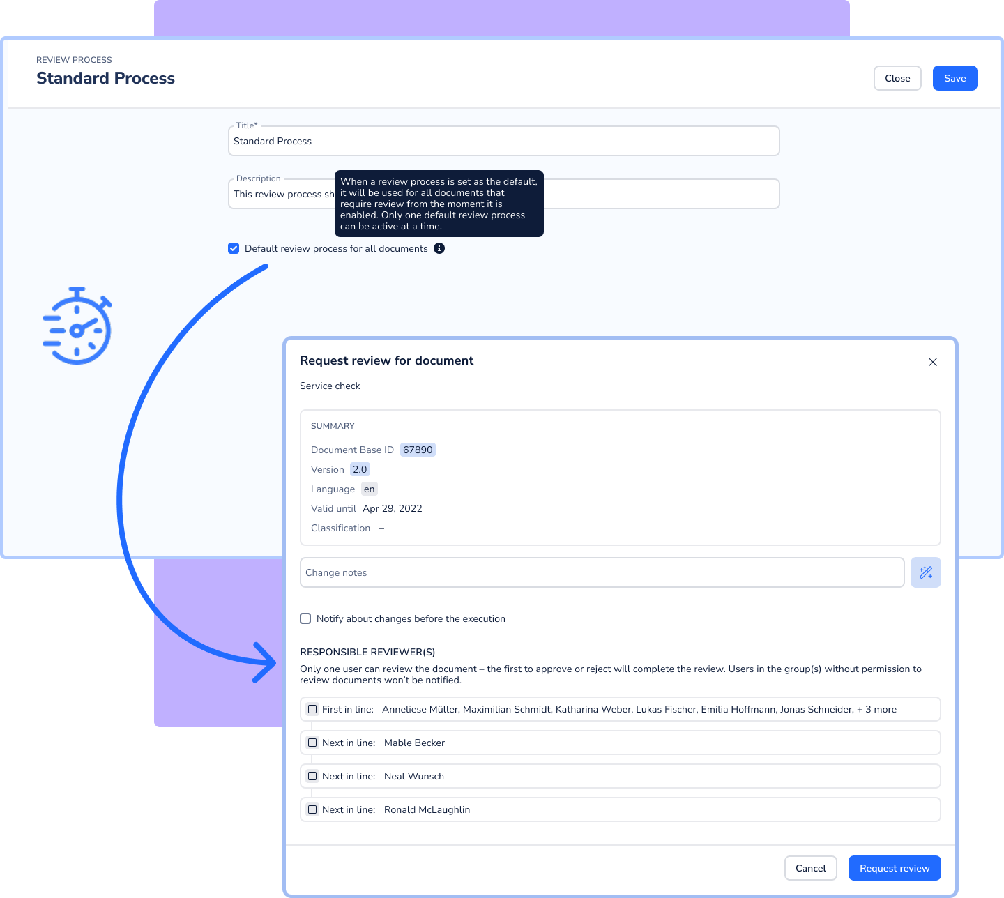 UI view of the "Standard Process" review configuration with a tooltip explaining the default process setting and an overlapping "Request review for document" dialog showing a prioritized reviewer queue.