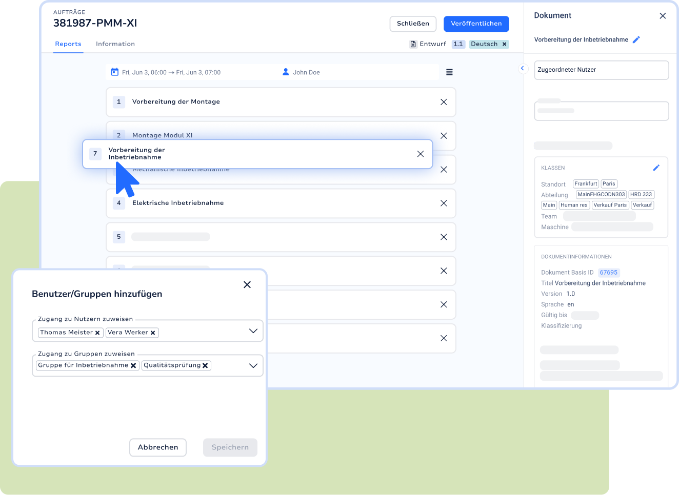 Digitale Auftragsansicht „381987-PMM-XI" mit einer Liste von Arbeitsschritten, einem geöffneten Dialog „Benutzer/Gruppen hinzufügen" und einem Dokumenten-Panel zur Maschinenfreigabe „Vorbereitung der Inbetriebnahme".