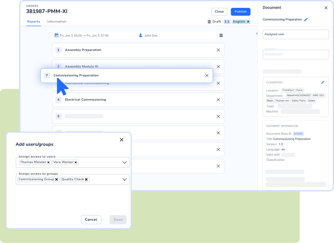 Orders view „381987-PMM-XI" showing a numbered list of process steps including „Commissioning Preparation" highlighted by a cursor, an „Add users/groups" dialog, and a document detail panel on the right.