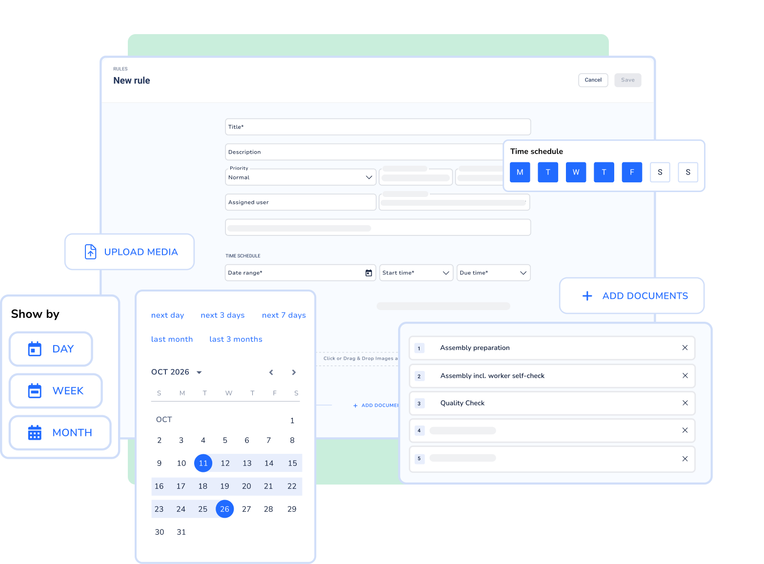 „New rule" form displaying fields for title, description, priority, time schedule (M–F highlighted), a date range picker, an October 2026 calendar, and a linked document list including „Assembly preparation" and „Quality Check".