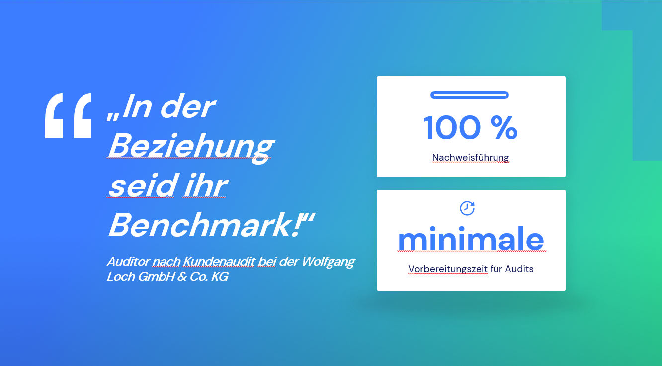 Grafik mit einem Zitat „In der Beziehung seid ihr Benchmark!" und zwei KPI-Kacheln: 100 % Nachweisführung und minimale Vorbereitungszeit für Audits.